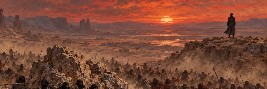 Painted art of a lone cloaked figure on a rocky ridge, watching a dust-covered valley under a red sunset.